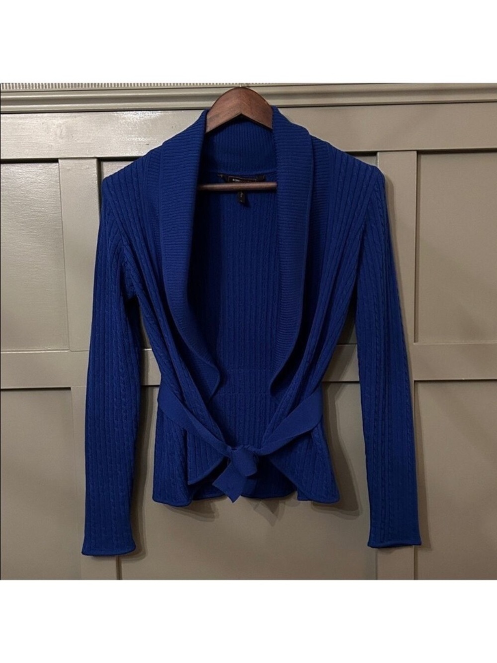 BCBGMaxAzria Cable Knit Cardigan Sweater Shawl Collar Tie Waist Blue Size Small